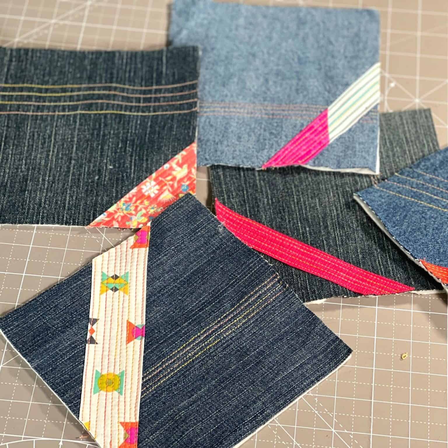 Fun Denim Quilt Blocks (Use your binding scraps for these QAYG Blocks!)