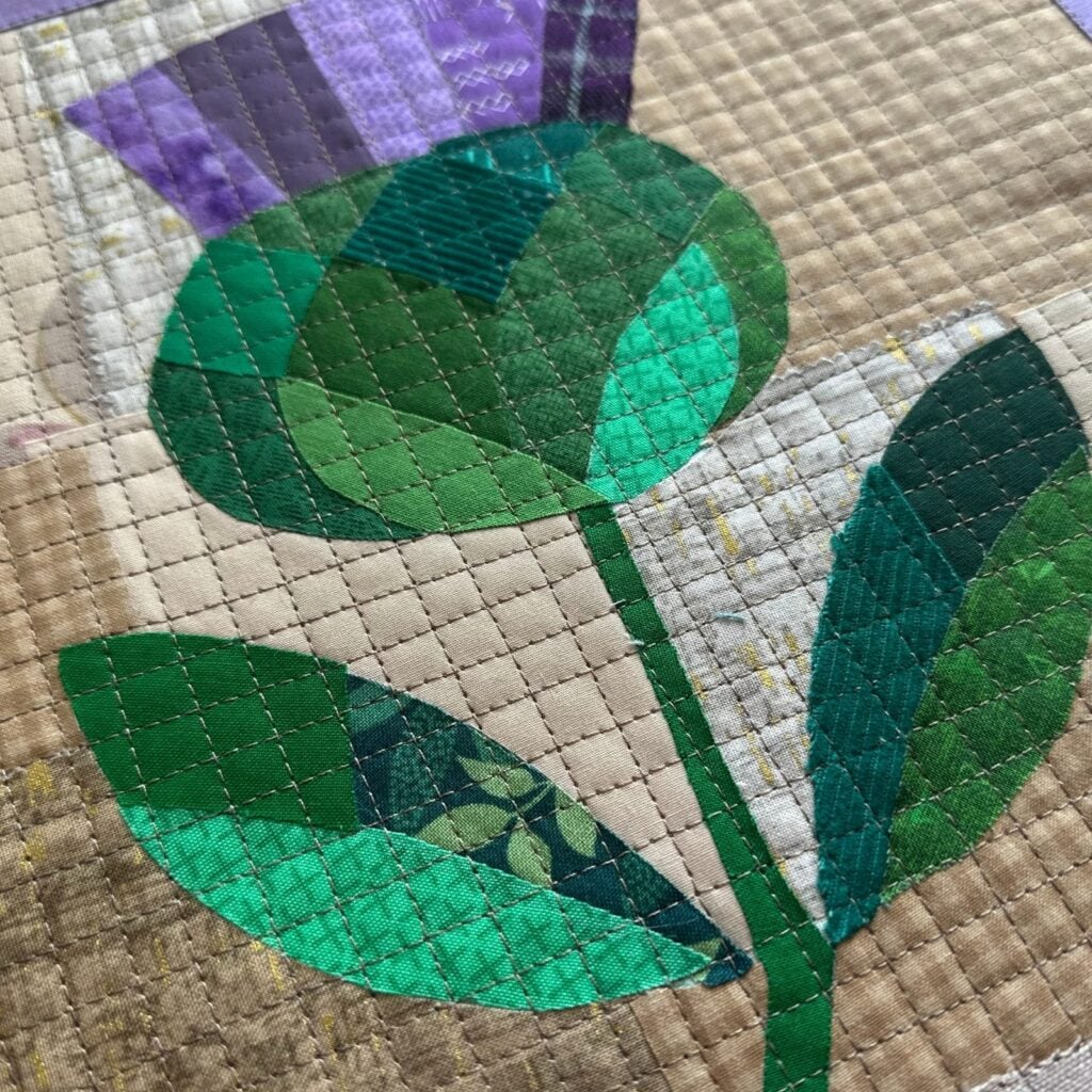 close up thistle collage quilt